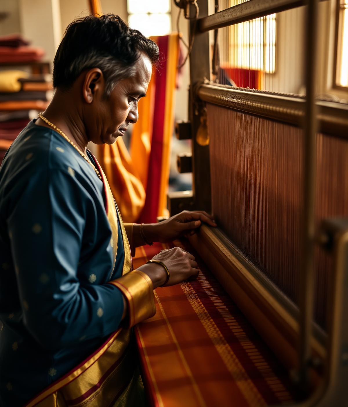 Skilled Indian artisan weaving a premium silk saree with gold zari on a traditional handloom
