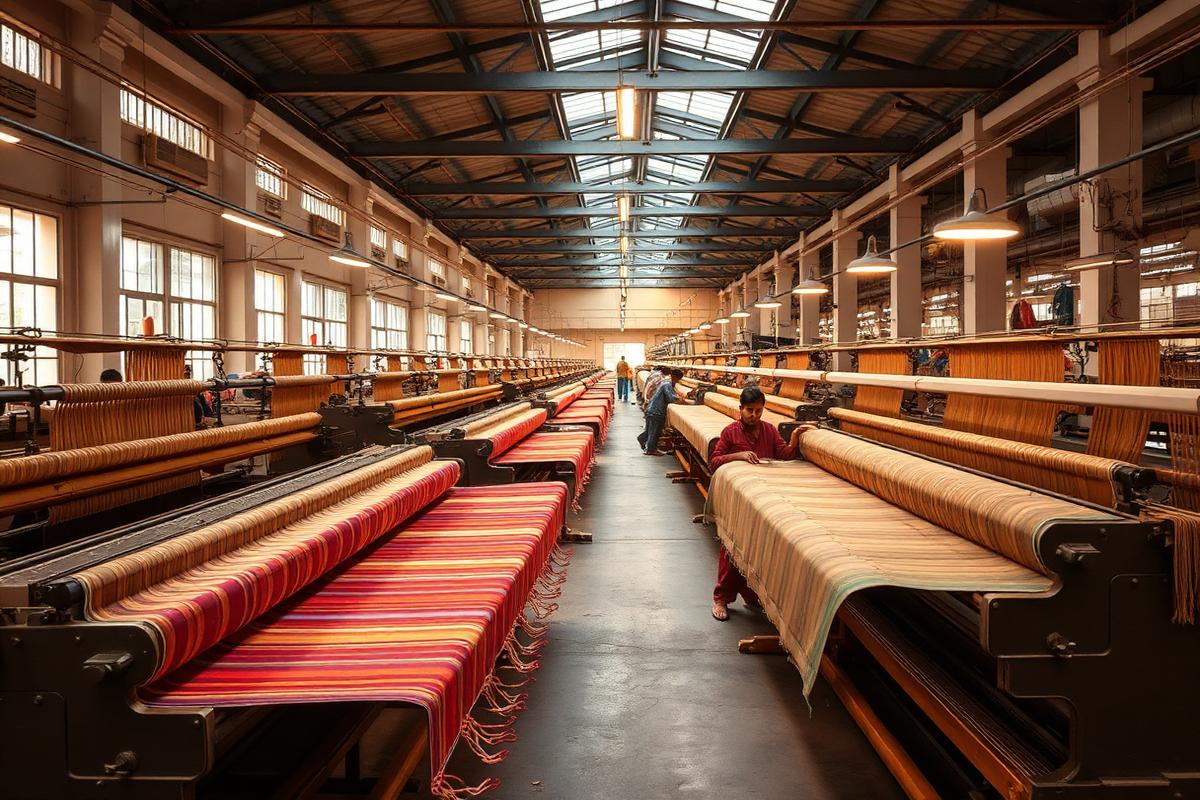 Modern textile manufacturing facility with rows of handlooms