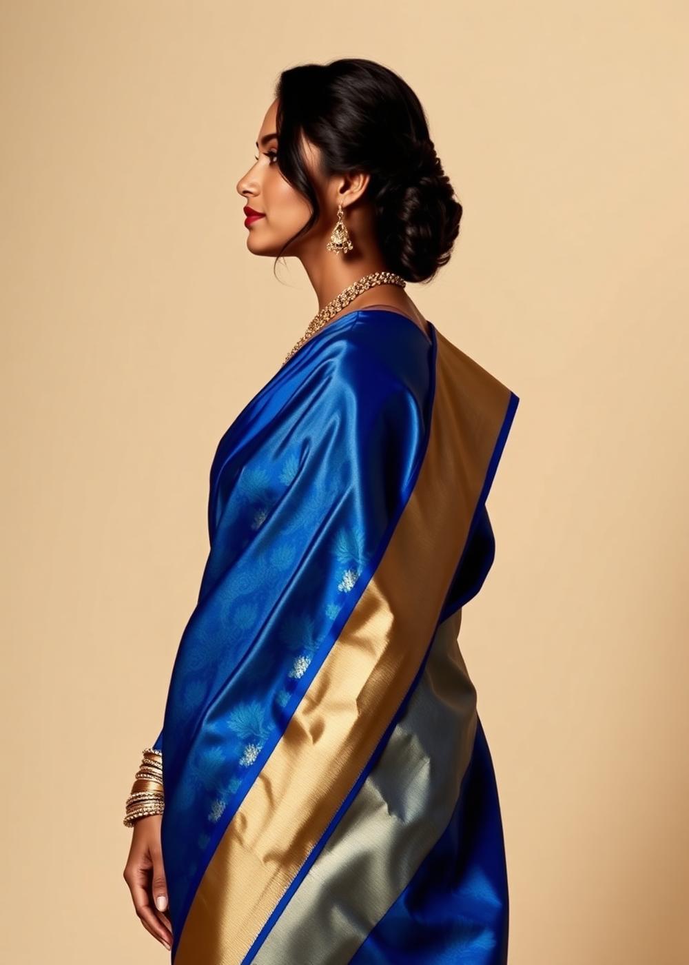 Elegant Indian woman in royal blue Kanchipuram silk saree