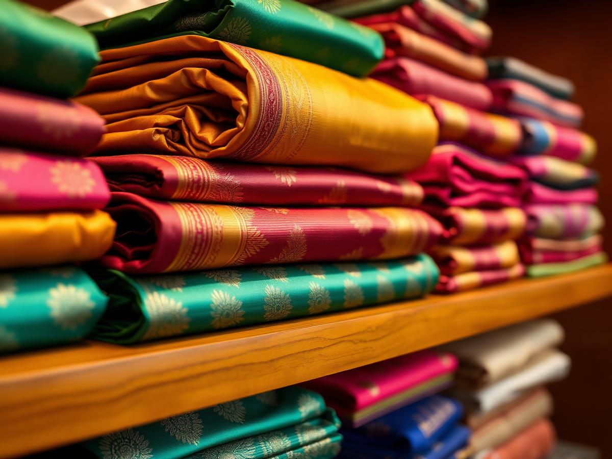 Stacked luxurious folded silk sarees on wooden showroom shelf