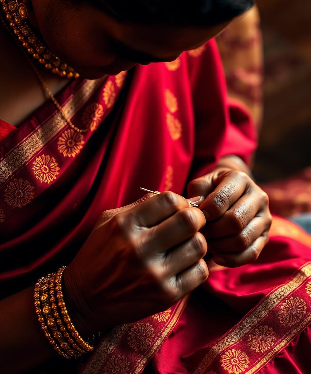 Artisan hands doing gold zari embroidery