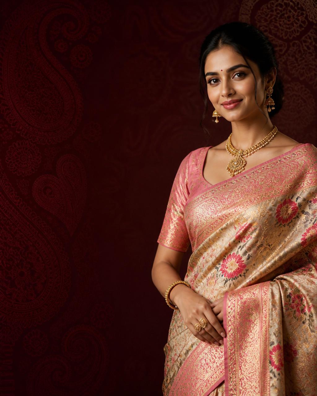 Elegant Indian woman wearing a premium handcrafted pink and gold Banarasi silk saree with intricate zari work